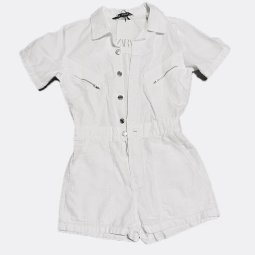 Zara White Denim Romper Womens M NEW - Picture 2 of 13